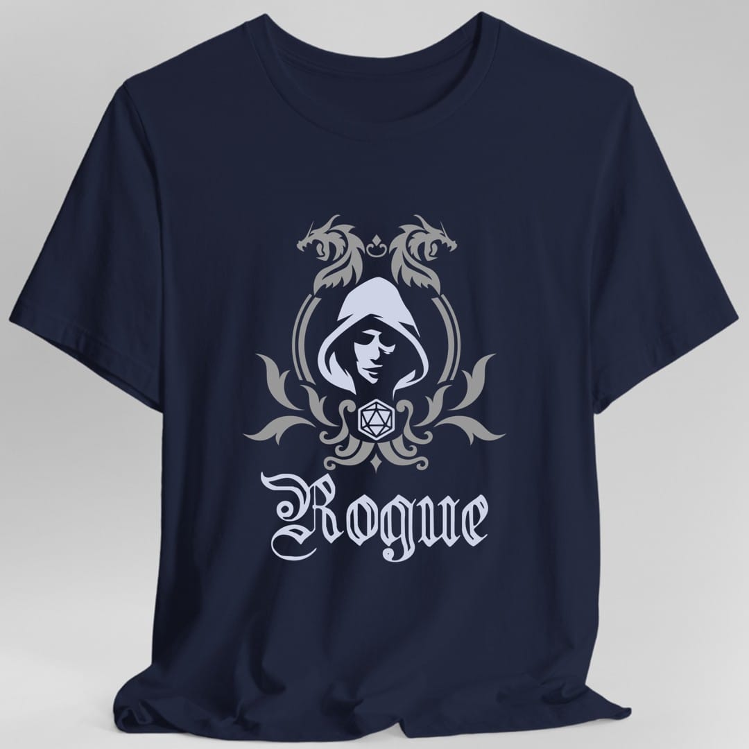 The same Rogue class emblem design, on a navy t-shirt.