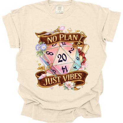 The same No Plan Just Vibes banner design, on an ivory t-shirt.