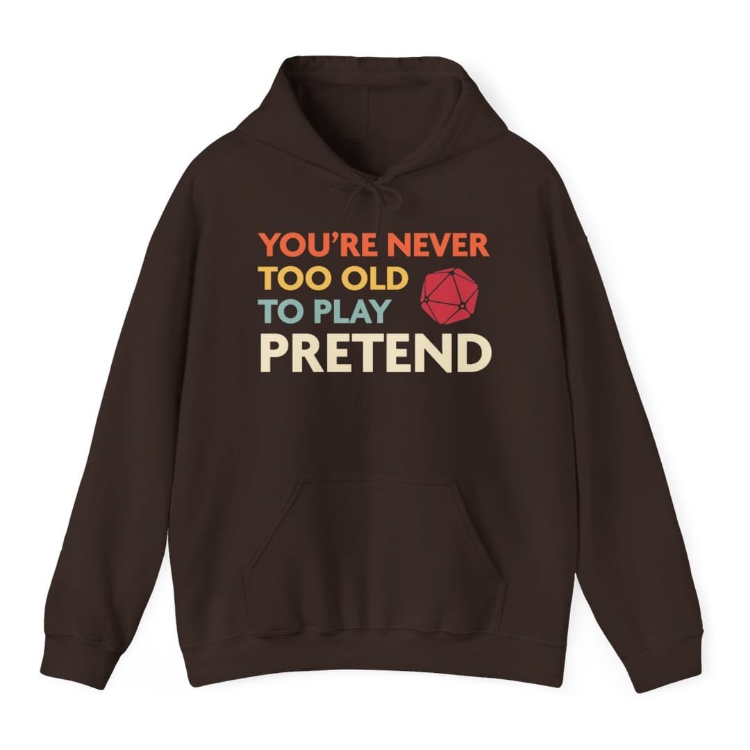 The same Never Too Old, colored lines design, on a dark chocolate hoodie.