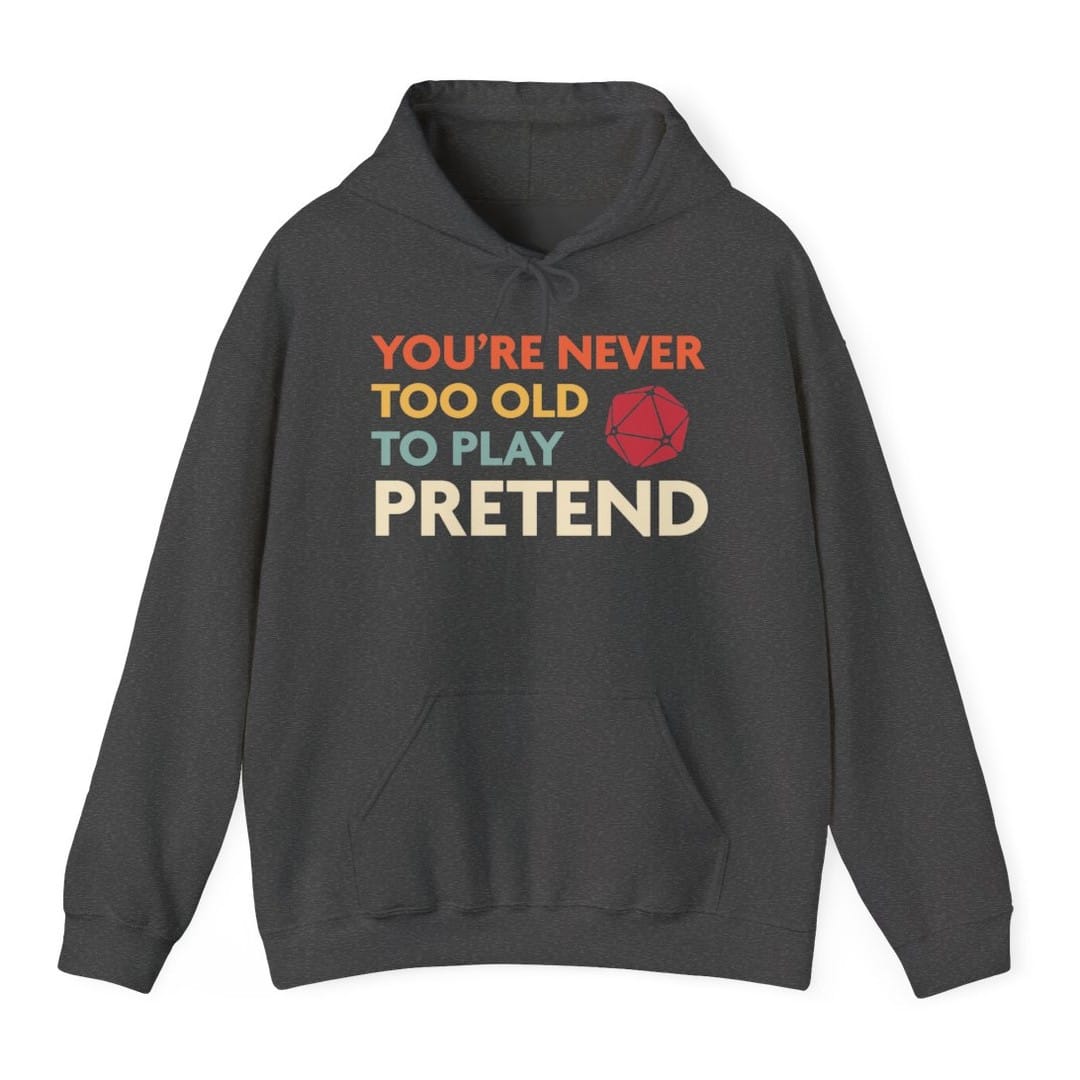 The same Never Too Old, colored lines design, on a dark heather hoodie.