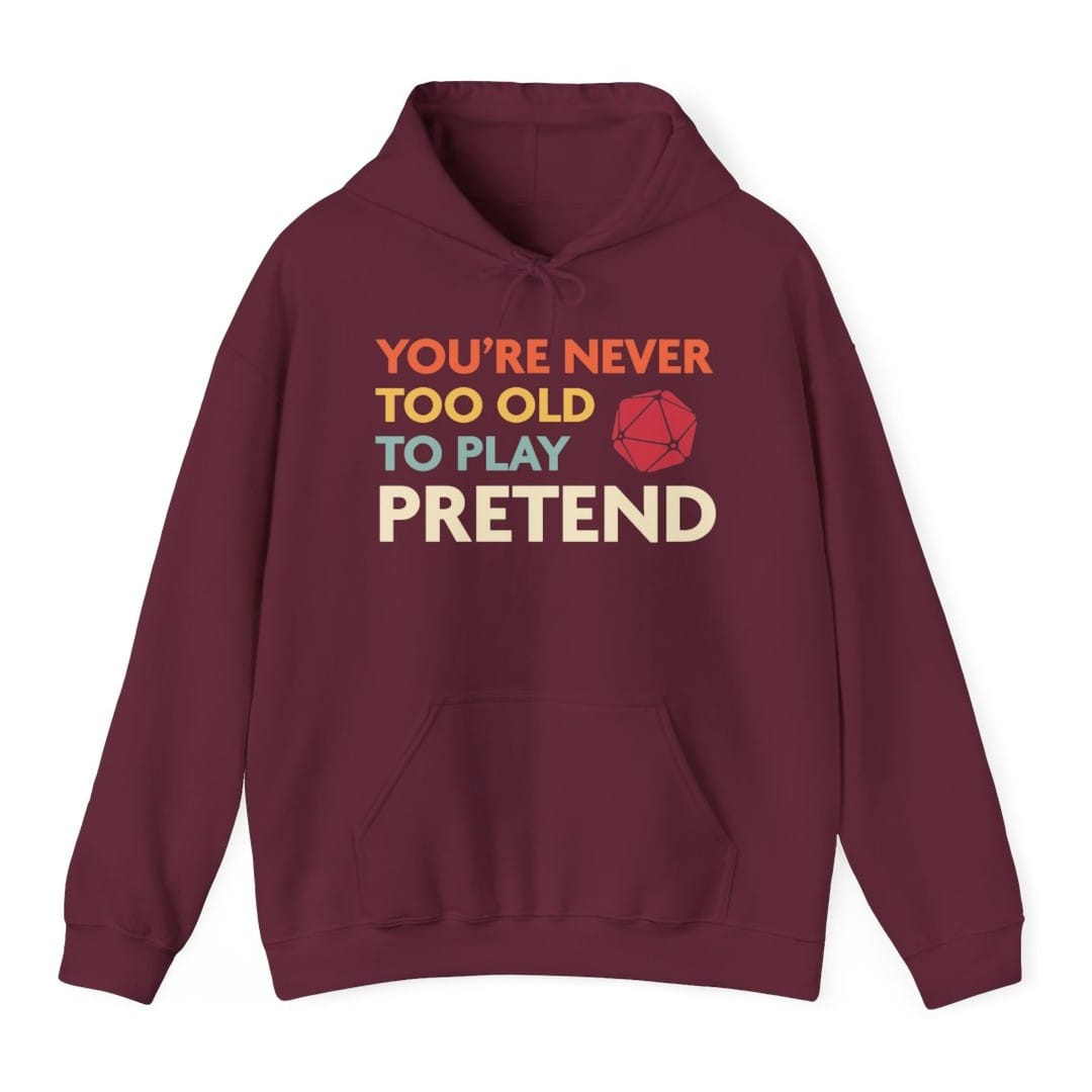 The same Never Too Old, colored lines design, on a maroon hoodie.