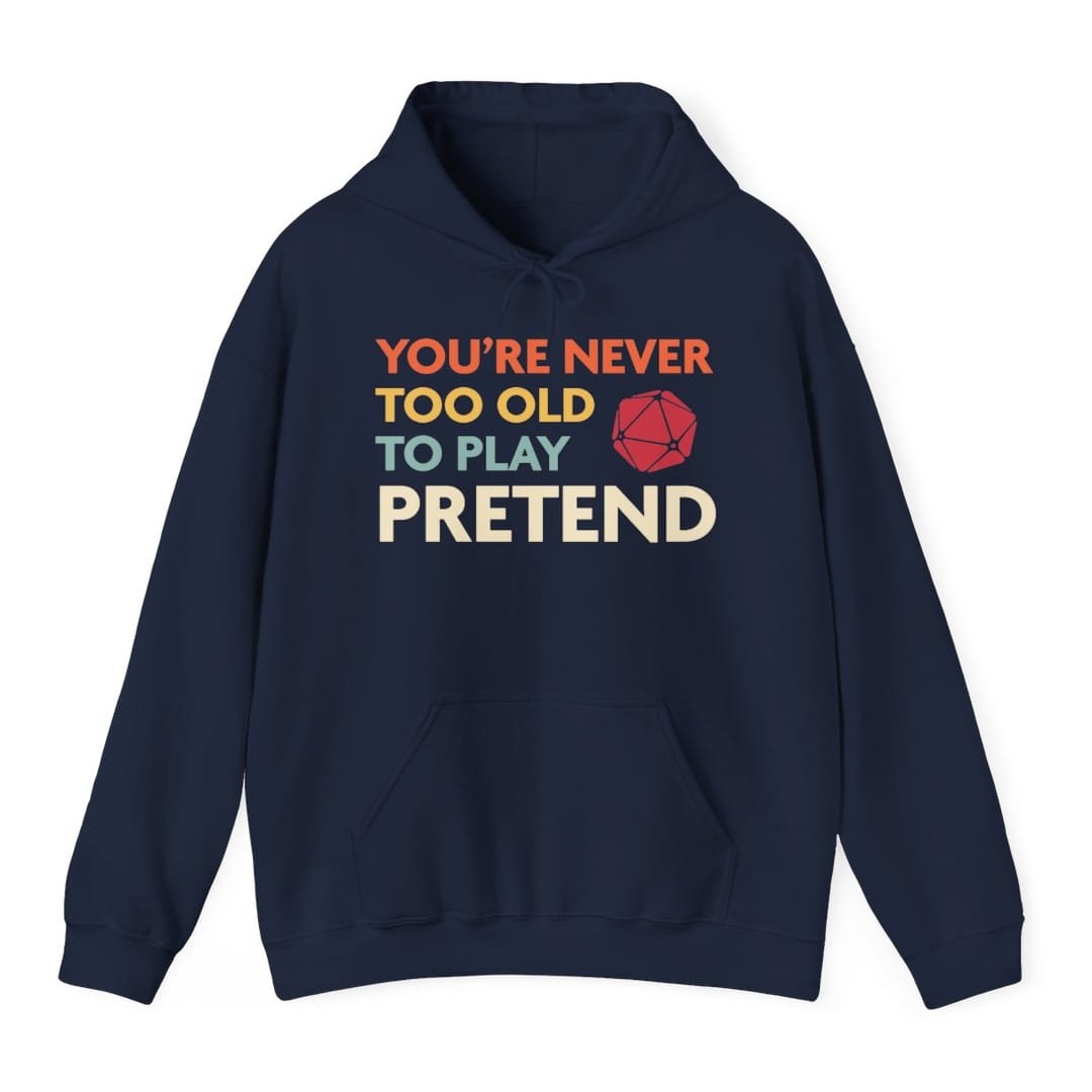 The same Never Too Old, colored lines design, on a navy hoodie.