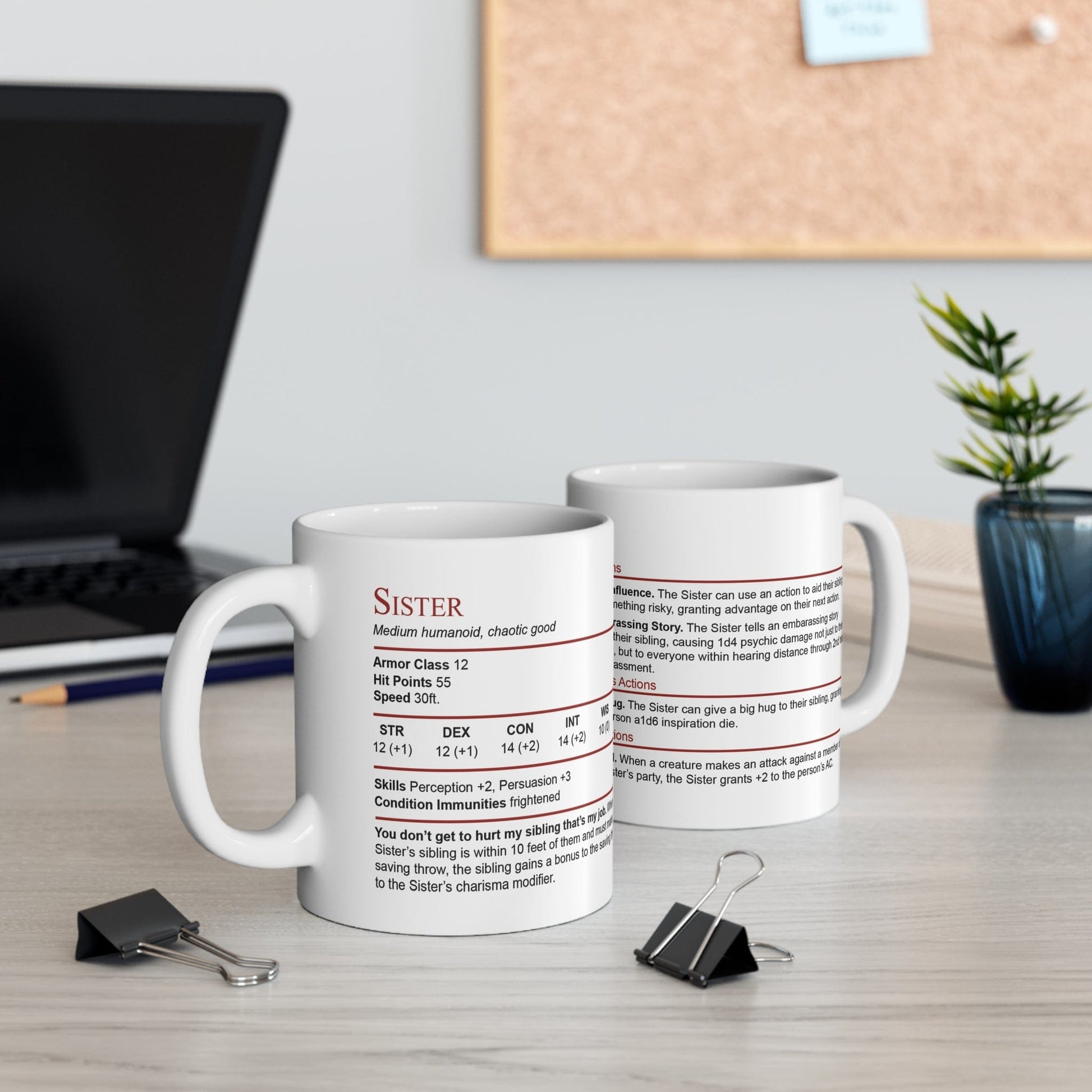 Printify Mug 11oz D&D Sister Stat Block Mug Gift