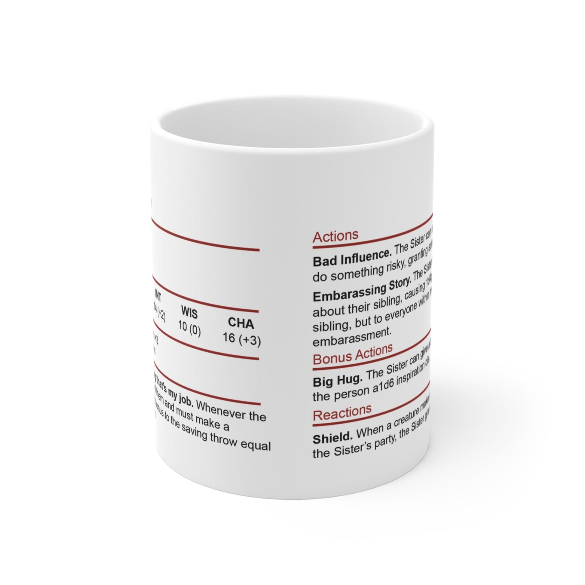 Printify Mug 11oz D&D Sister Stat Block Mug Gift