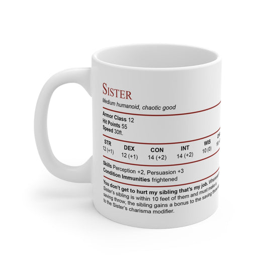 Printify Mug 11oz D&D Sister Stat Block Mug Gift