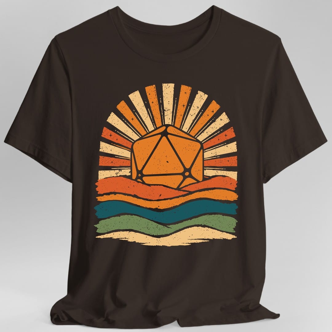The same D20 Retro Groovy Sunset design, on a dark chocolate t-shirt.