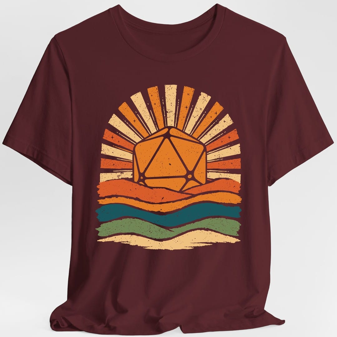 The same D20 Retro Groovy Sunset design, on a maroon t-shirt.