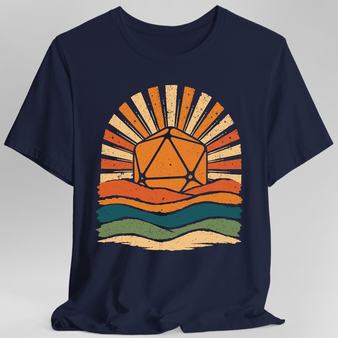 The same D20 Retro Groovy Sunset design, on a navy t-shirt.