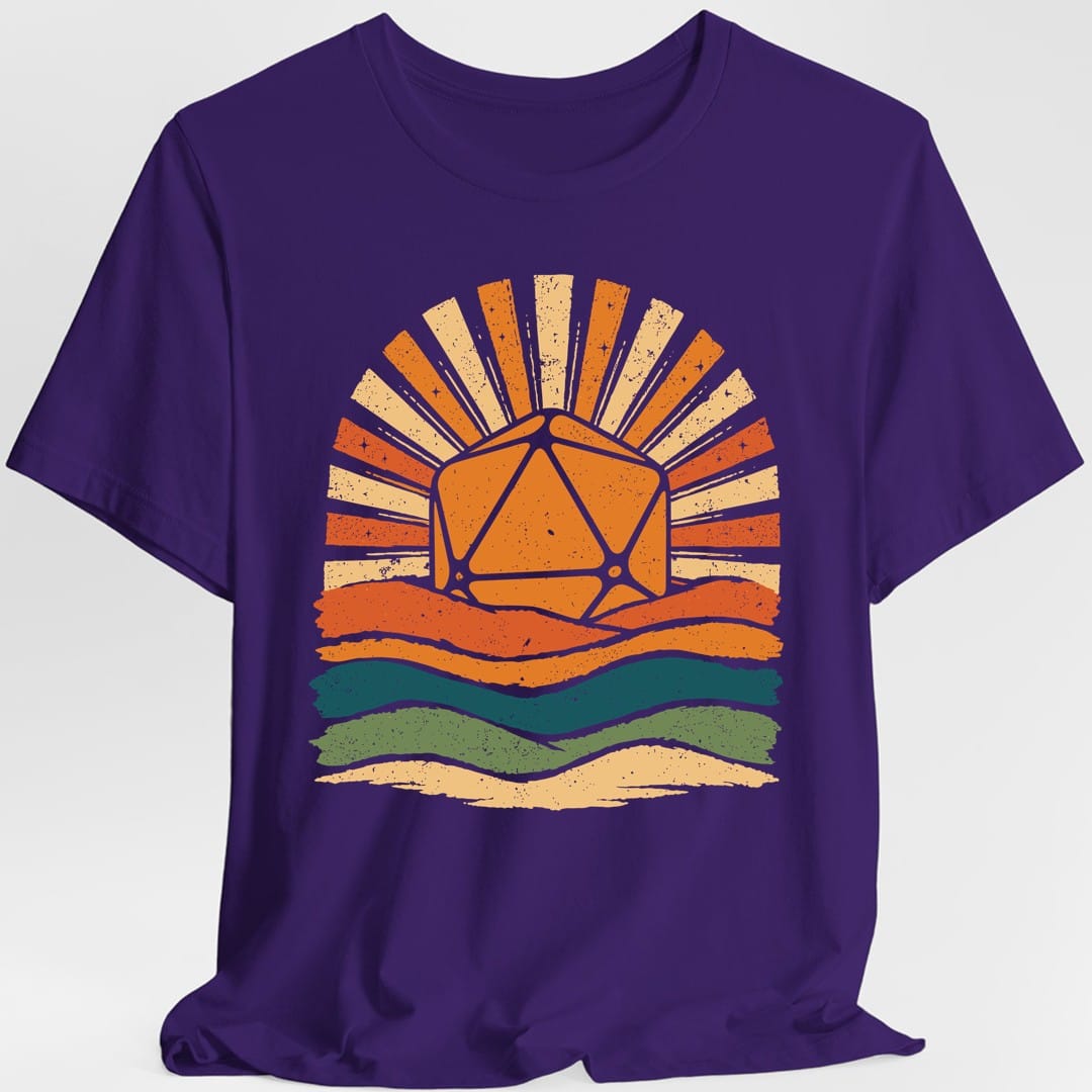 The same D20 Retro Groovy Sunset design, on a purple t-shirt.