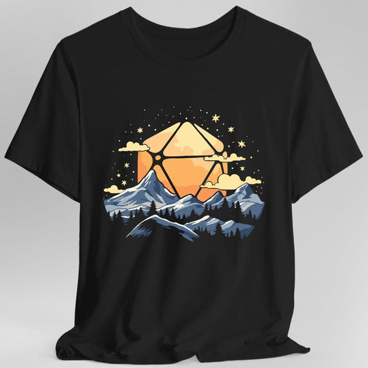 Black t-shirt. A large orange twenty-sided die hangs in the sky like a sun behind snow-capped blue mountains, with pine trees below, small clouds either side and stars scattered above. Soft flat illustration in orange, blue and cream. No words.