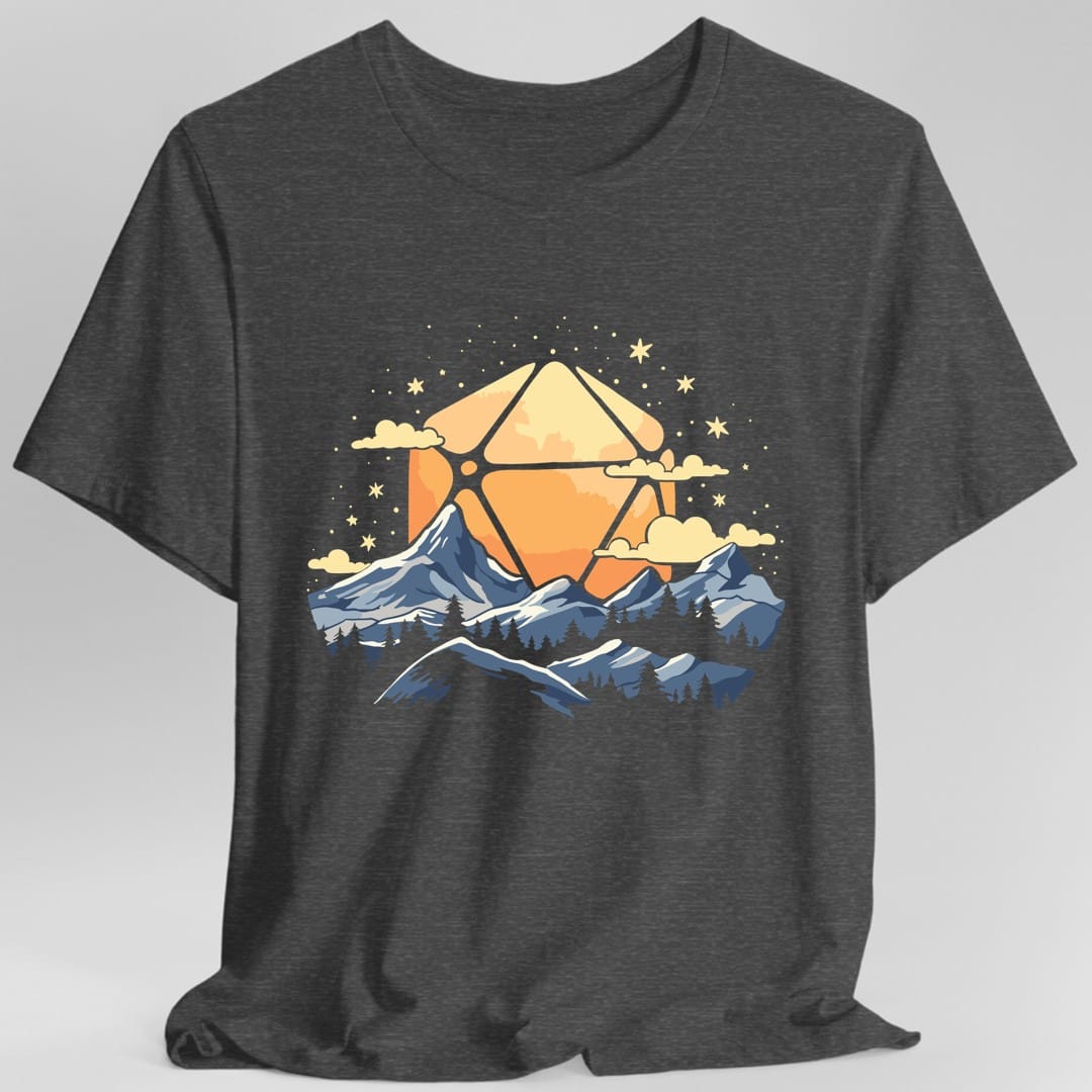 The same D20 Sun Landscape blue orange design, on a dark heather t-shirt.