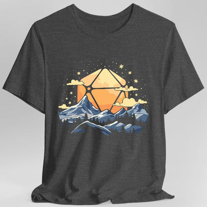 The same D20 Sun Landscape blue orange design, on a dark heather t-shirt.