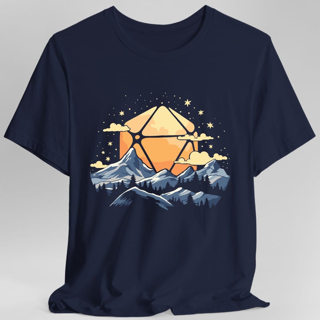 The same D20 Sun Landscape blue orange design, on a navy t-shirt.