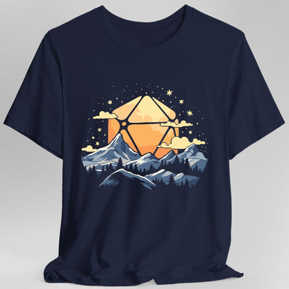 The same D20 Sun Landscape blue orange design, on a navy t-shirt.