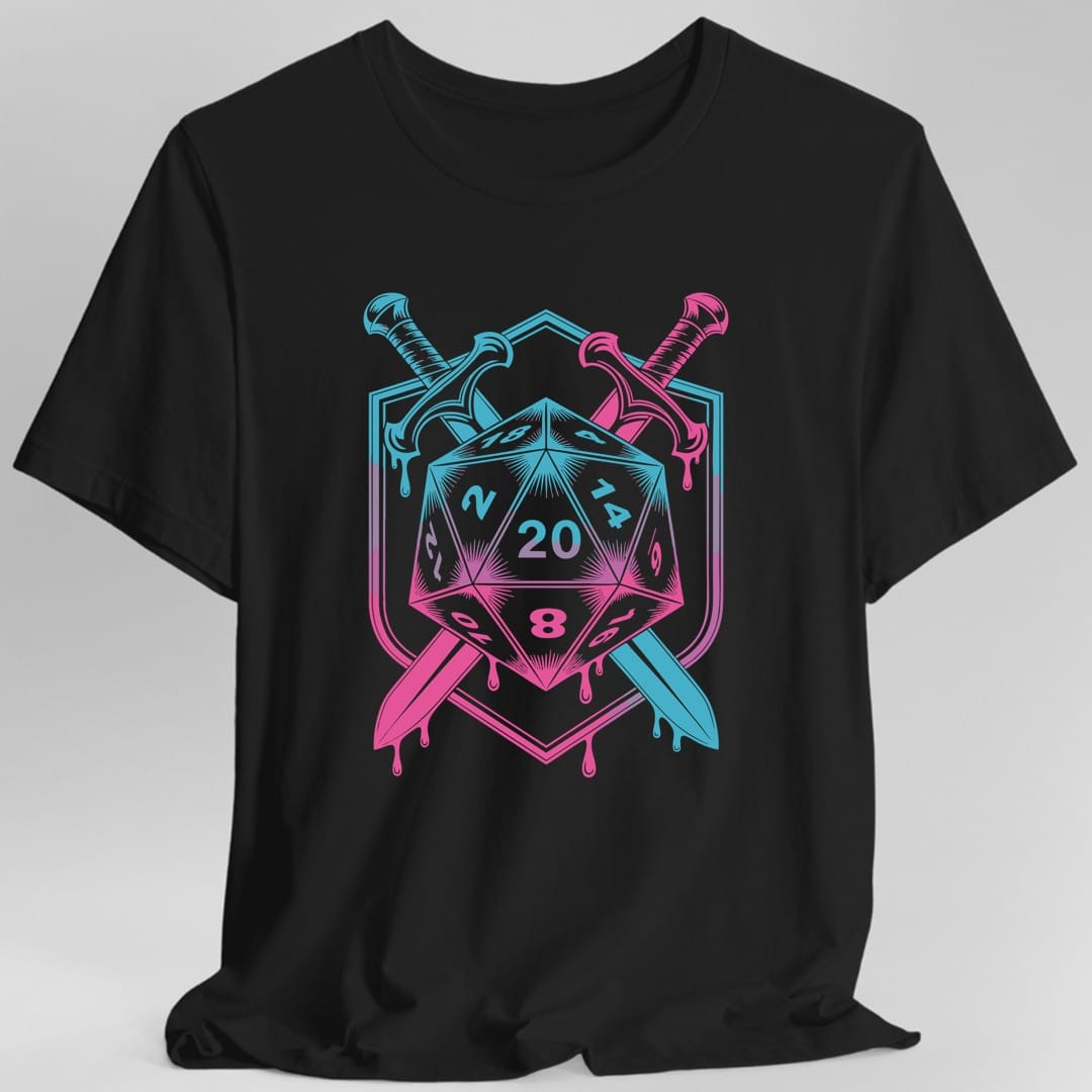 Black t-shirt. A large twenty-sided die sits inside a shield, with two swords crossed behind it. The whole crest is drawn in glowing neon outlines that fade from cyan at the top through purple to hot pink at the bottom, with drips running off the lower edge. No words.