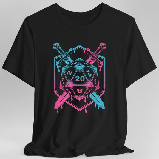 Black t-shirt. A large twenty-sided die sits inside a shield, with two swords crossed behind it. The whole crest is drawn in glowing neon outlines that fade from cyan at the top through purple to hot pink at the bottom, with drips running off the lower edge. No words.