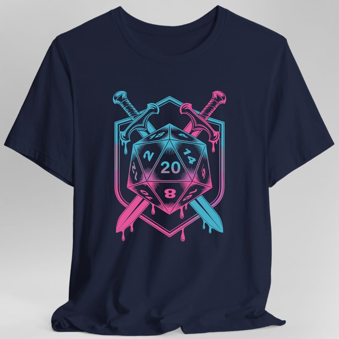 The same Dice sword crest, neon design, on a navy t-shirt.