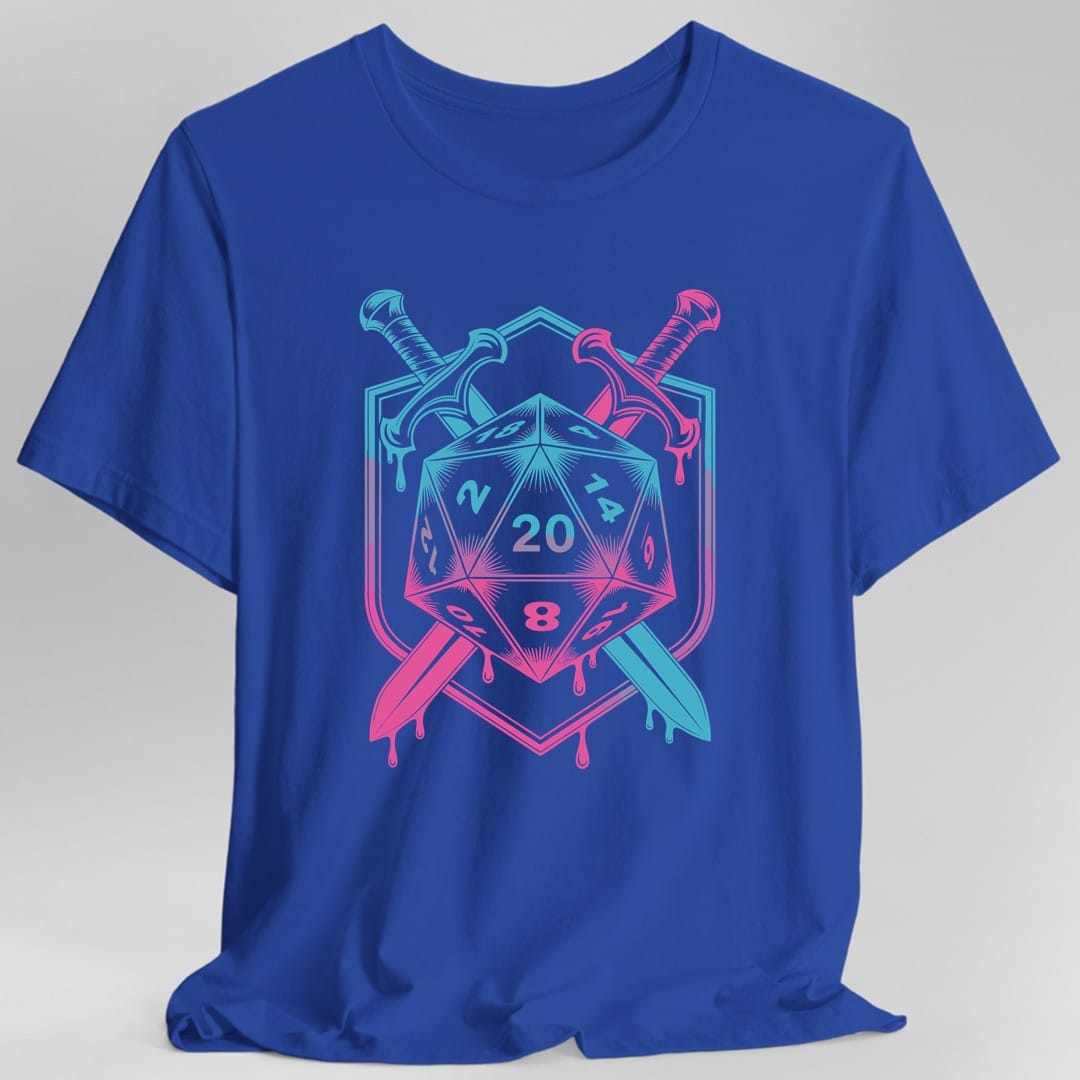 The same Dice sword crest, neon design, on a royal t-shirt.