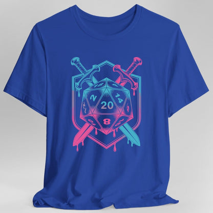 The same Dice sword crest, neon design, on a royal t-shirt.