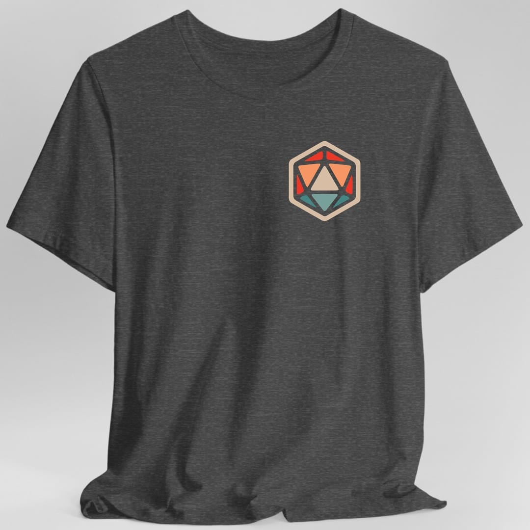 The same D20 flat icon design, on a dark heather t-shirt.