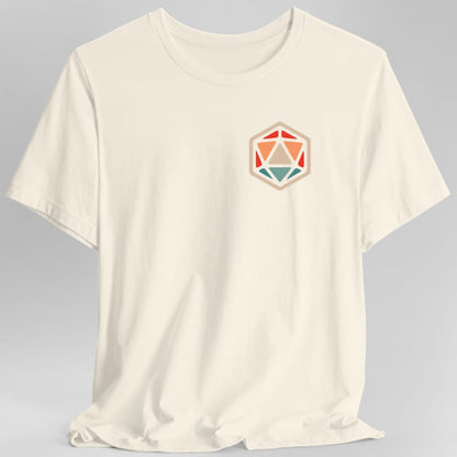 The same D20 flat icon design, on a natural t-shirt.