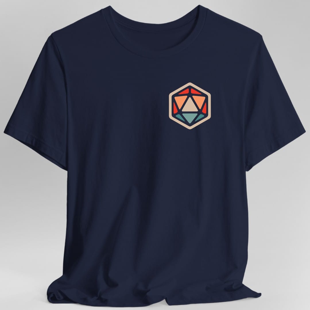 The same D20 flat icon design, on a navy t-shirt.