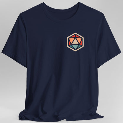The same D20 flat icon design, on a navy t-shirt.