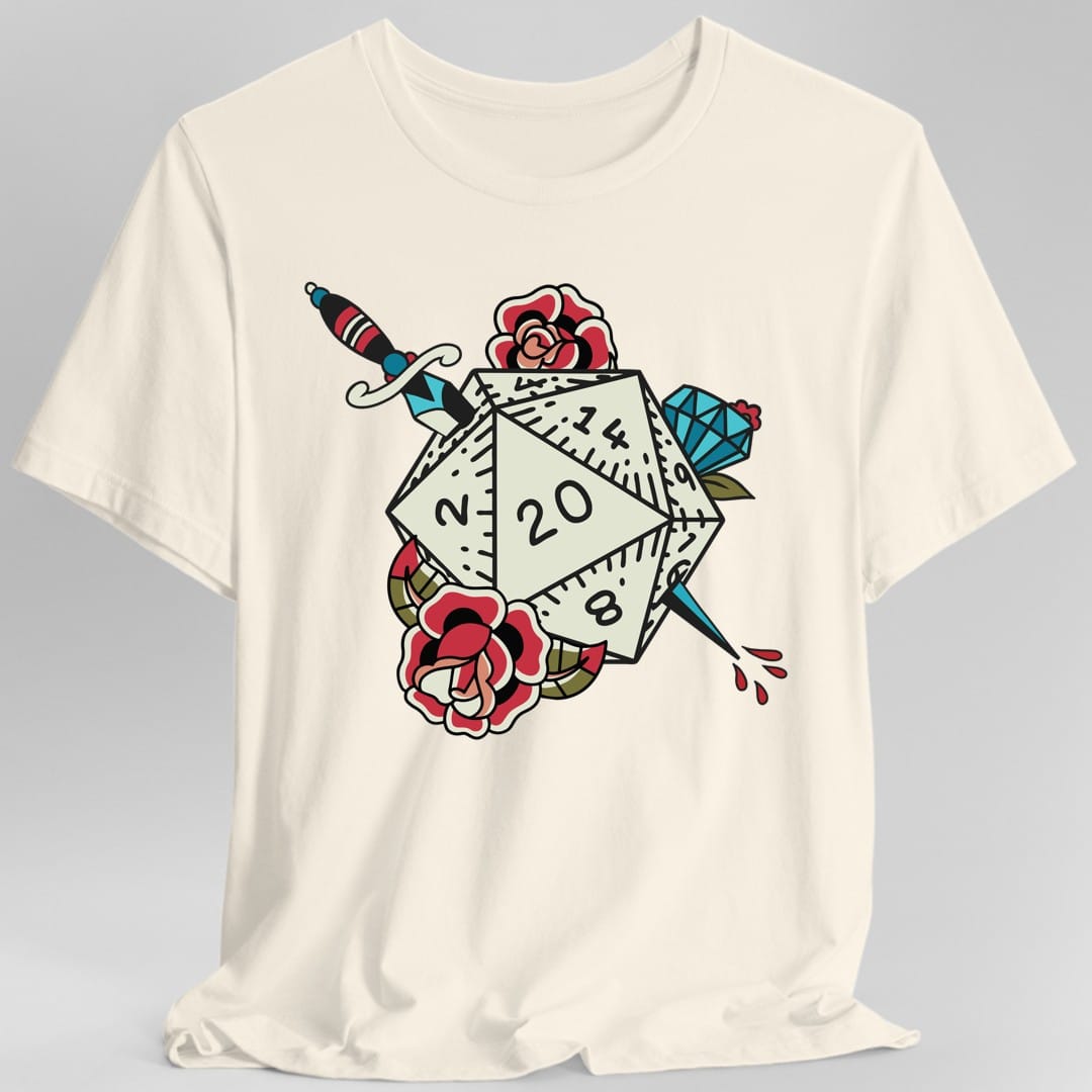 The same D20 Tattoo design, on a natural t-shirt.