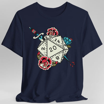 The same D20 Tattoo design, on a navy t-shirt.