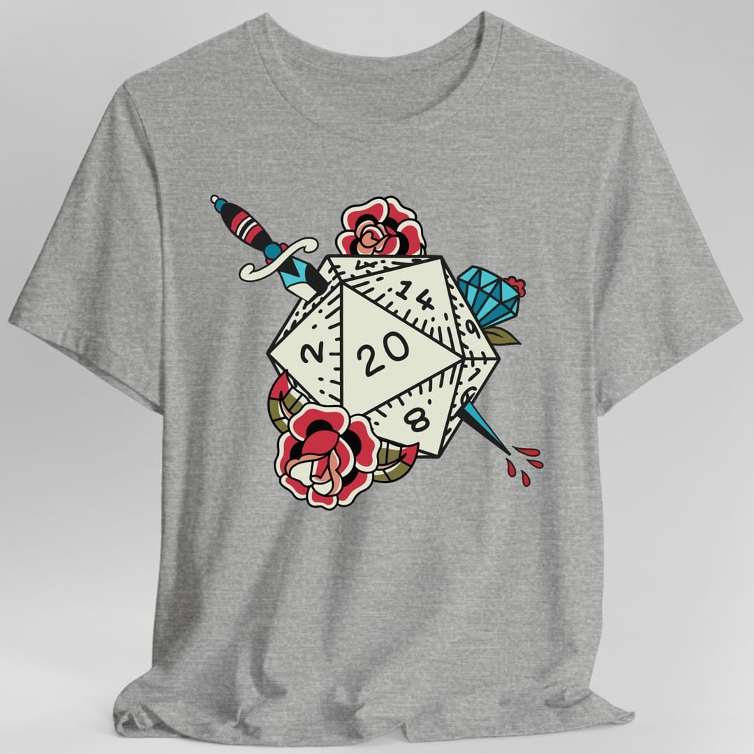 The same D20 Tattoo design, on a sport grey t-shirt.