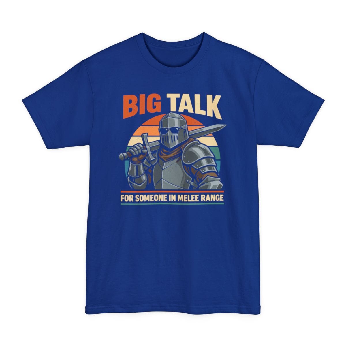 The same Big Talk knight design, on a deep royal tall t-shirt.