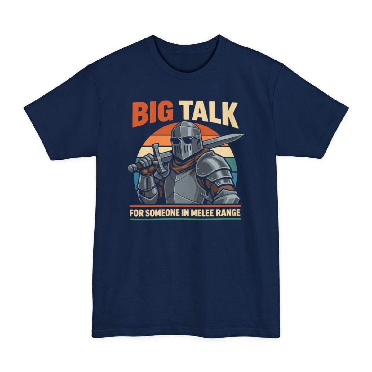 The same Big Talk knight design, on a navy tall t-shirt.