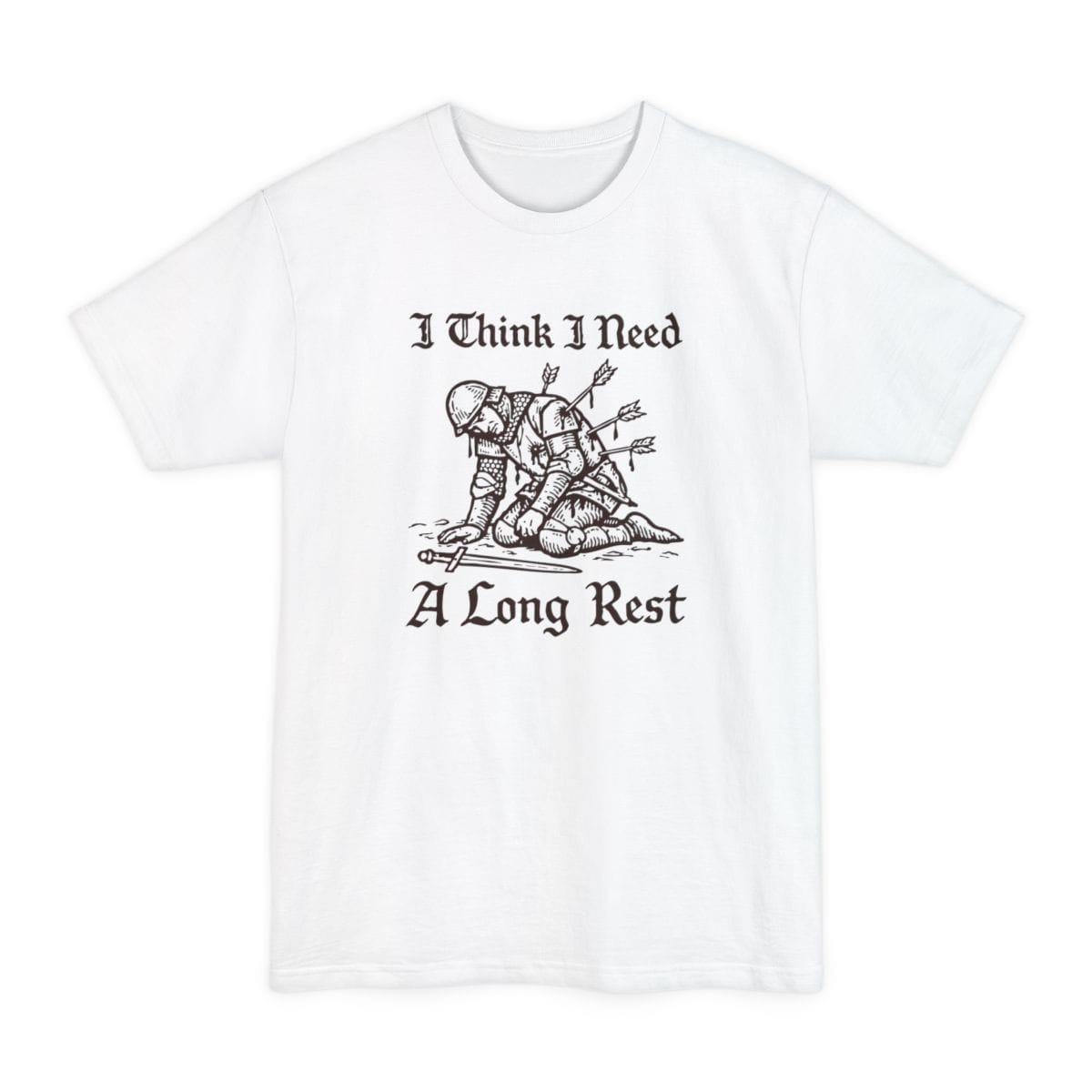 The same Long Rest knight design, on a white tall t-shirt.
