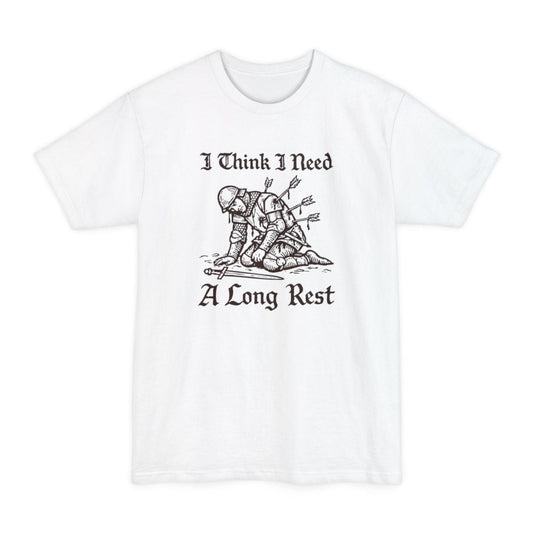 The same Long Rest knight design, on a white tall t-shirt.
