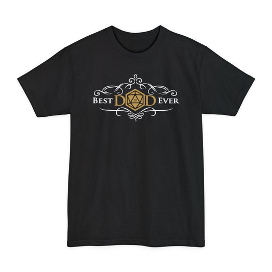 Black tall t-shirt. Reads "Best Dad Ever" in an elegant white serif, where the middle letter of DAD is replaced by a gold twenty-sided die with 20 on its face. Curling white filigree flourishes arch above and below the words like an old book plate. Small, centered, all type, in white and antique gold.