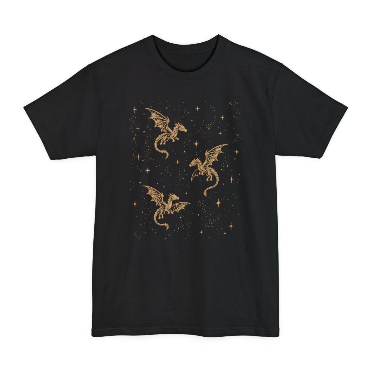Black tall t-shirt. Three long serpentine dragons drift across a night sky, drawn as thin gold constellation lines with small stars marking their joints. Tiny gold stars and specks are scattered all over the background. No words at all.