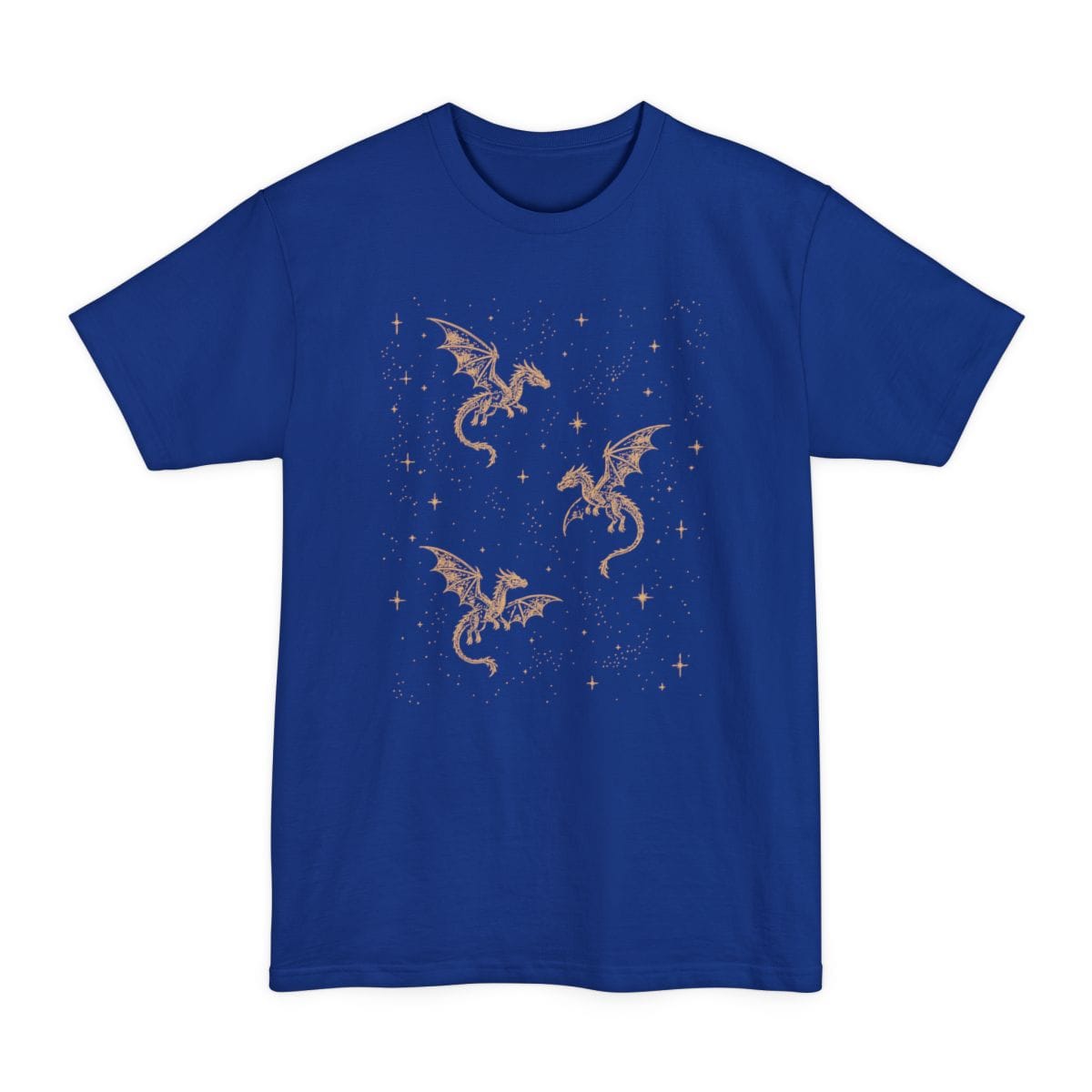 The same Celestial Dragons and Stars design, on a deep royal tall t-shirt.