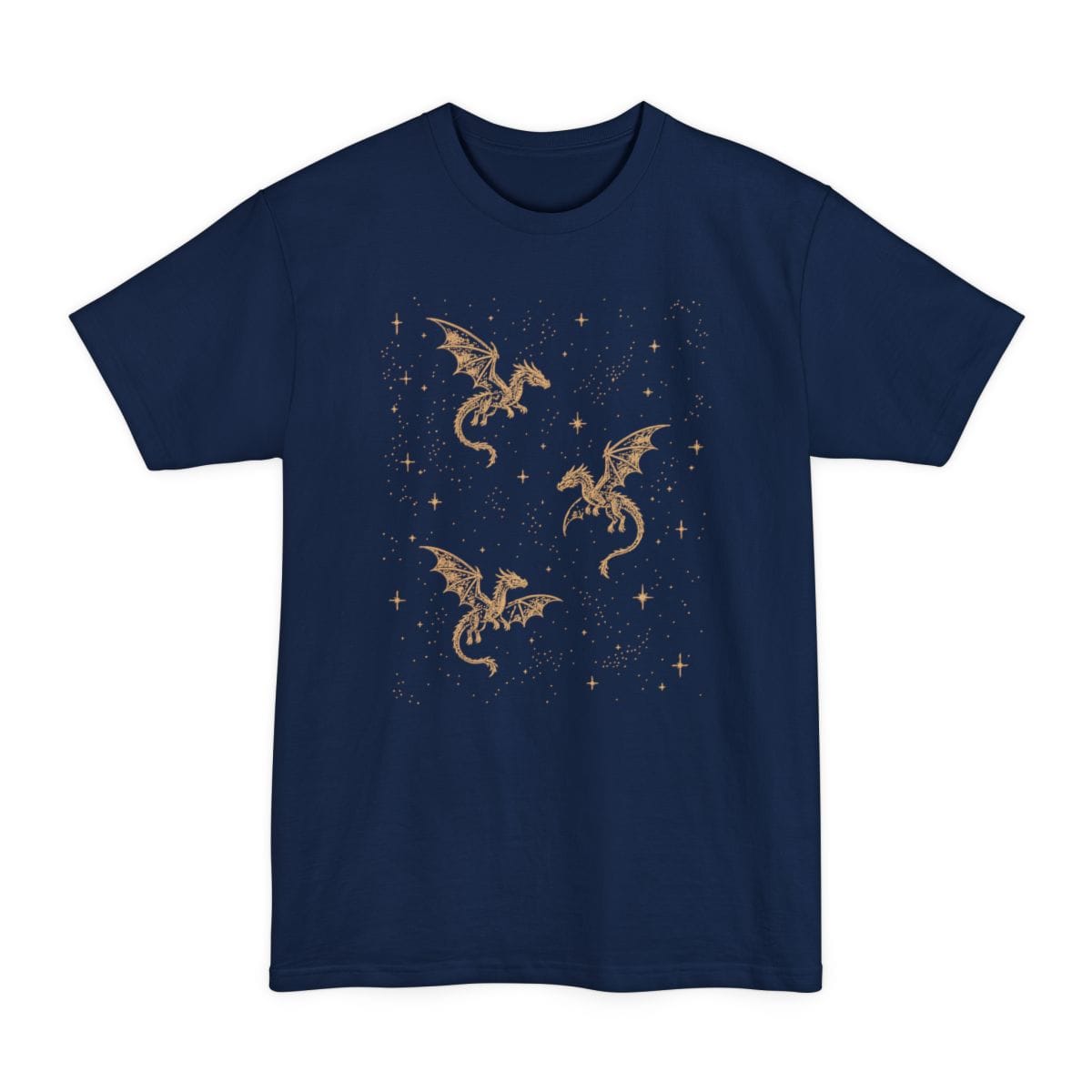 The same Celestial Dragons and Stars design, on a navy tall t-shirt.
