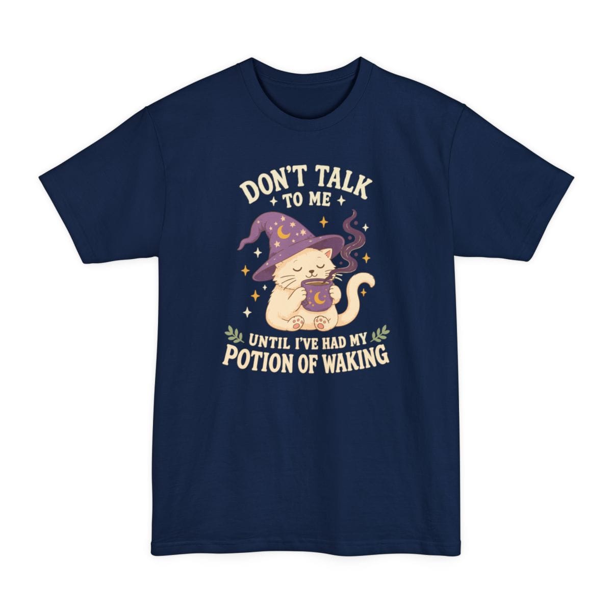 The same Potion Of Waking cat design, on a navy tall t-shirt.