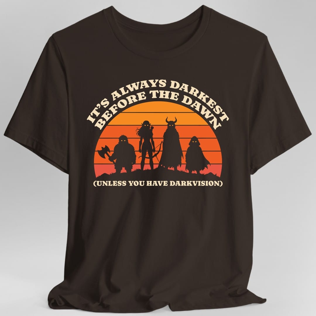 The same Darkvision sunset design, on a dark chocolate t-shirt.