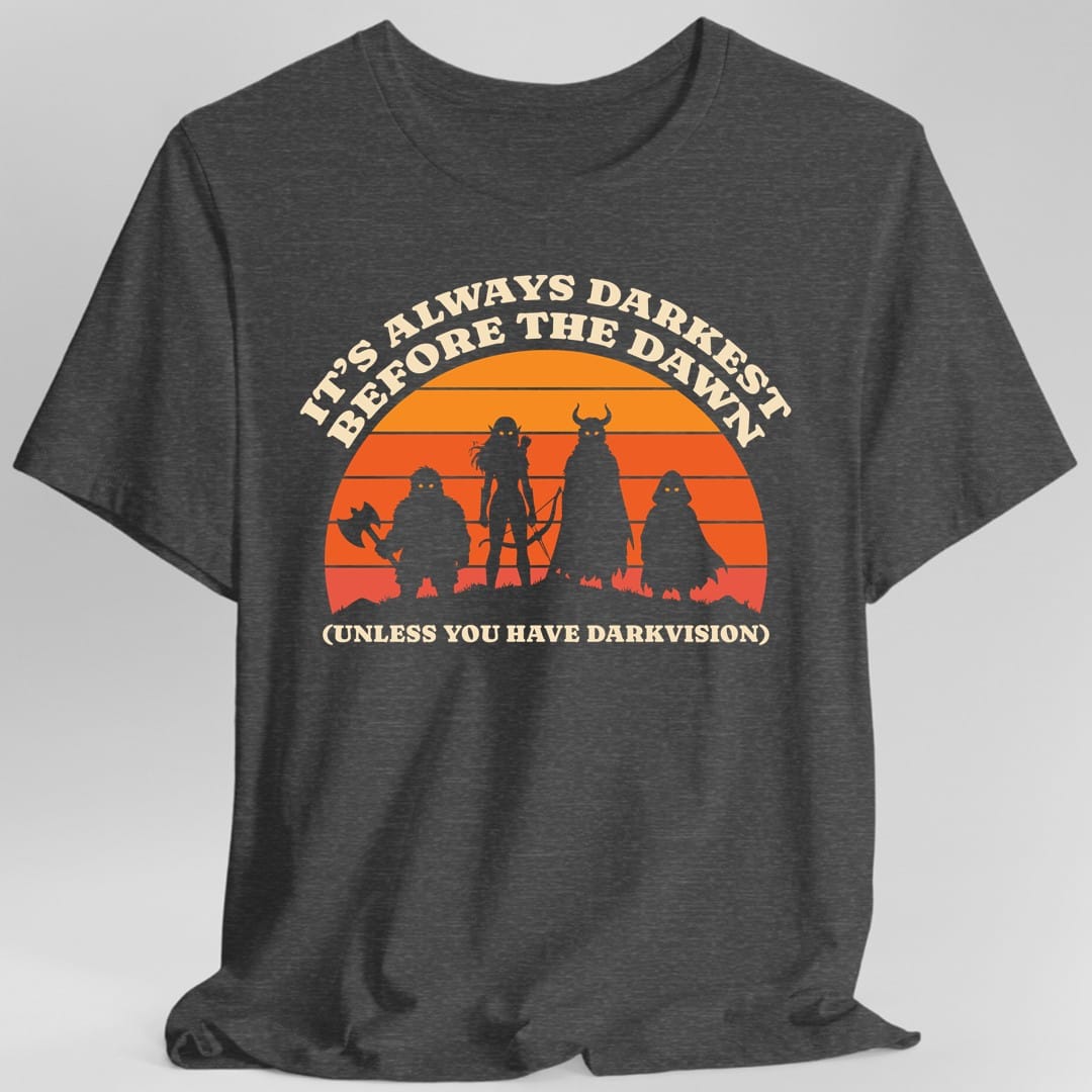 The same Darkvision sunset design, on a dark heather t-shirt.