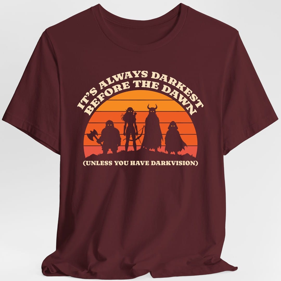 The same Darkvision sunset design, on a maroon t-shirt.