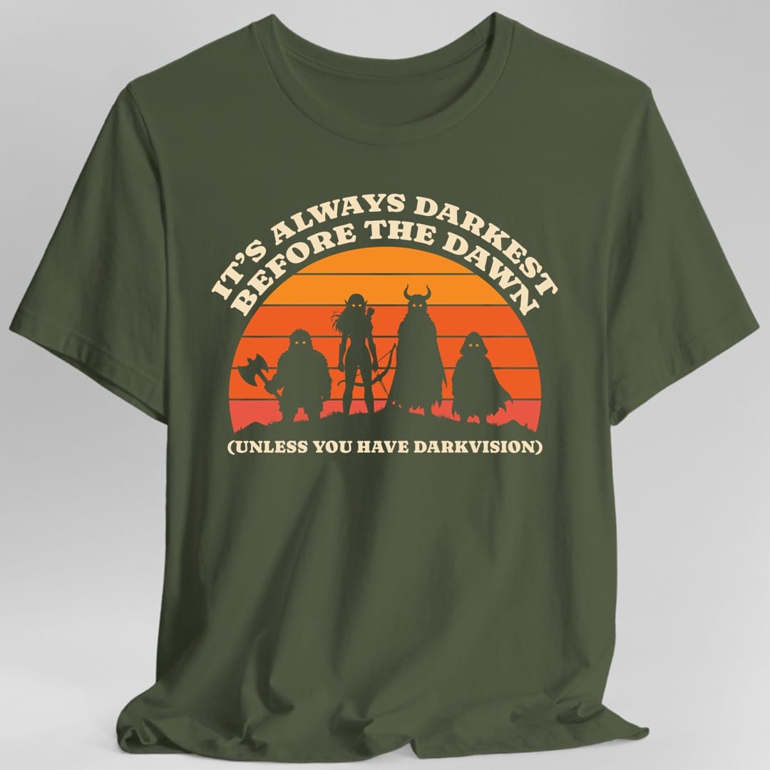 The same Darkvision sunset design, on a military green t-shirt.