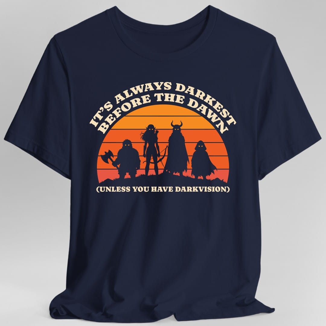 The same Darkvision sunset design, on a navy t-shirt.