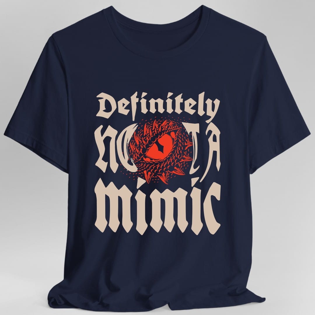 The same Definitely Not A Mimic design, on a navy t-shirt.