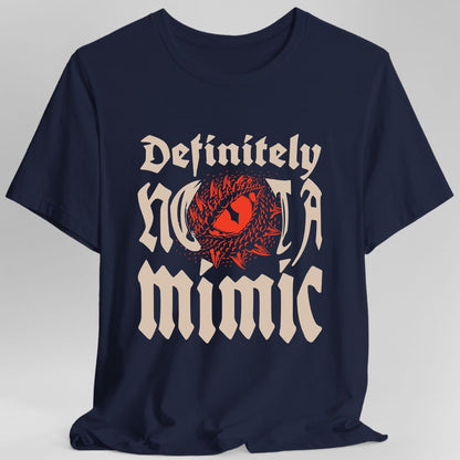 The same Definitely Not A Mimic design, on a navy t-shirt.