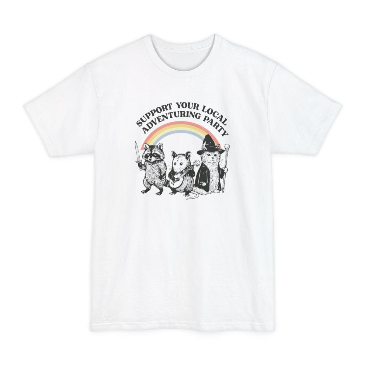 The same Support Your Local Adventuring Party design, on a white tall t-shirt.