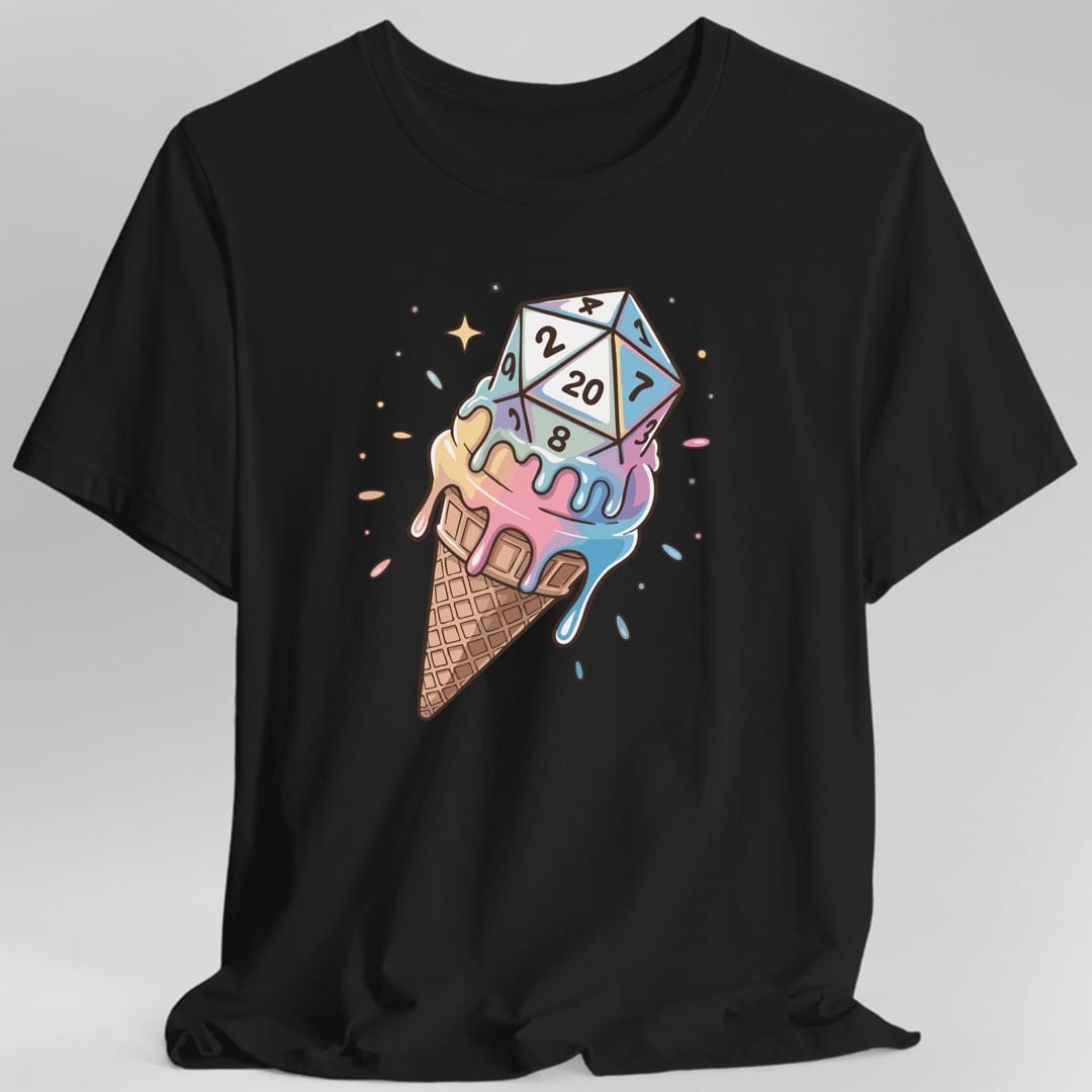 Black t-shirt. An ice cream cone where the scoop is a pastel twenty-sided die showing 20 in mint, lilac and pink, melting and dripping down over a waffle cone. Sprinkles and a small sparkle float around it. No words.