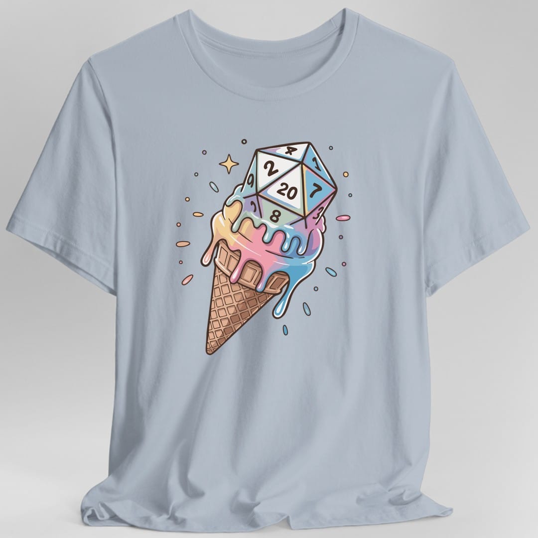 The same Dice Cream design, on a light blue t-shirt.