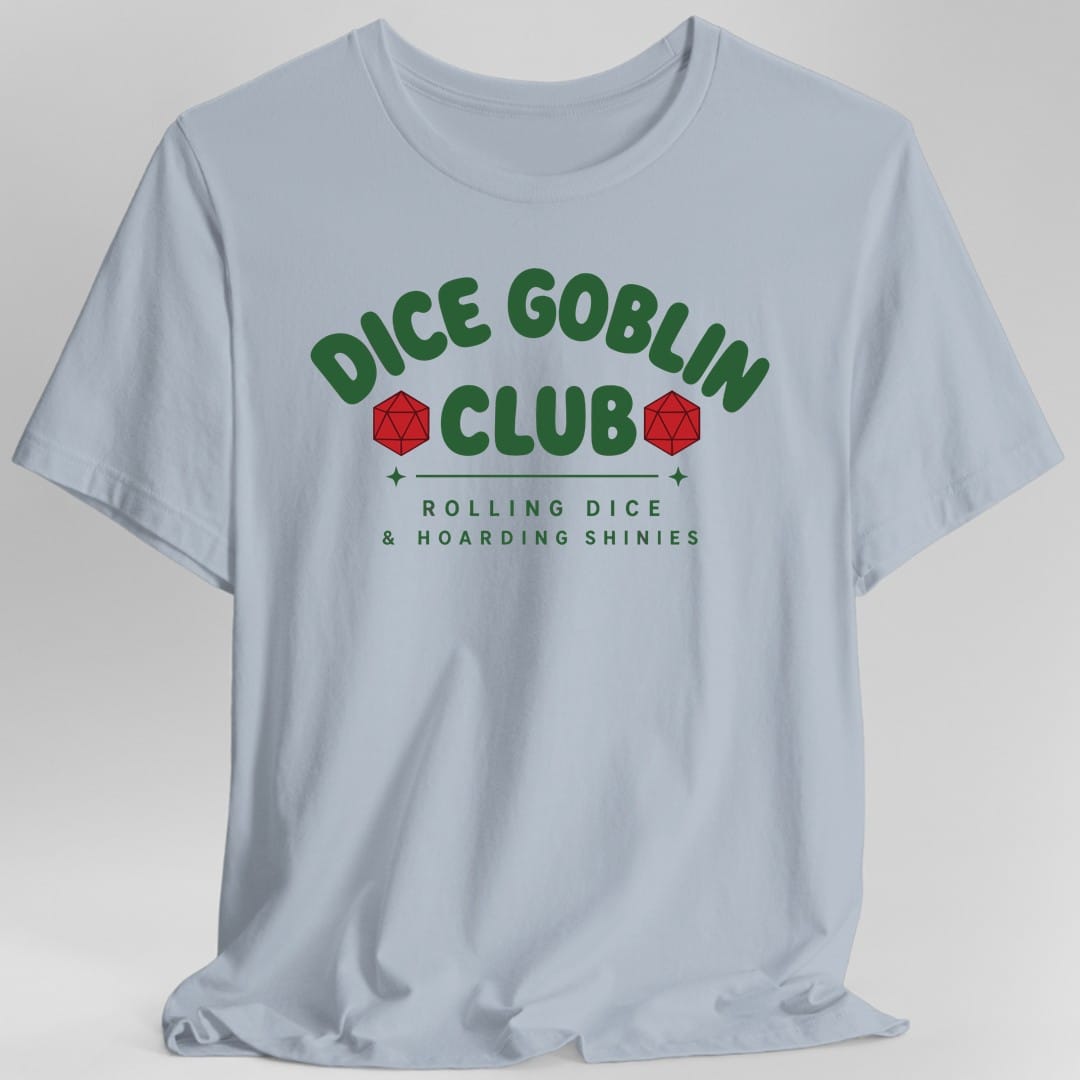 The same Dice Goblin Club design, on a light blue t-shirt.